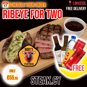 Steak Ribeye for Two, Jacket Potato, Sauce Special Offer Free Drink & Delivery Limassol