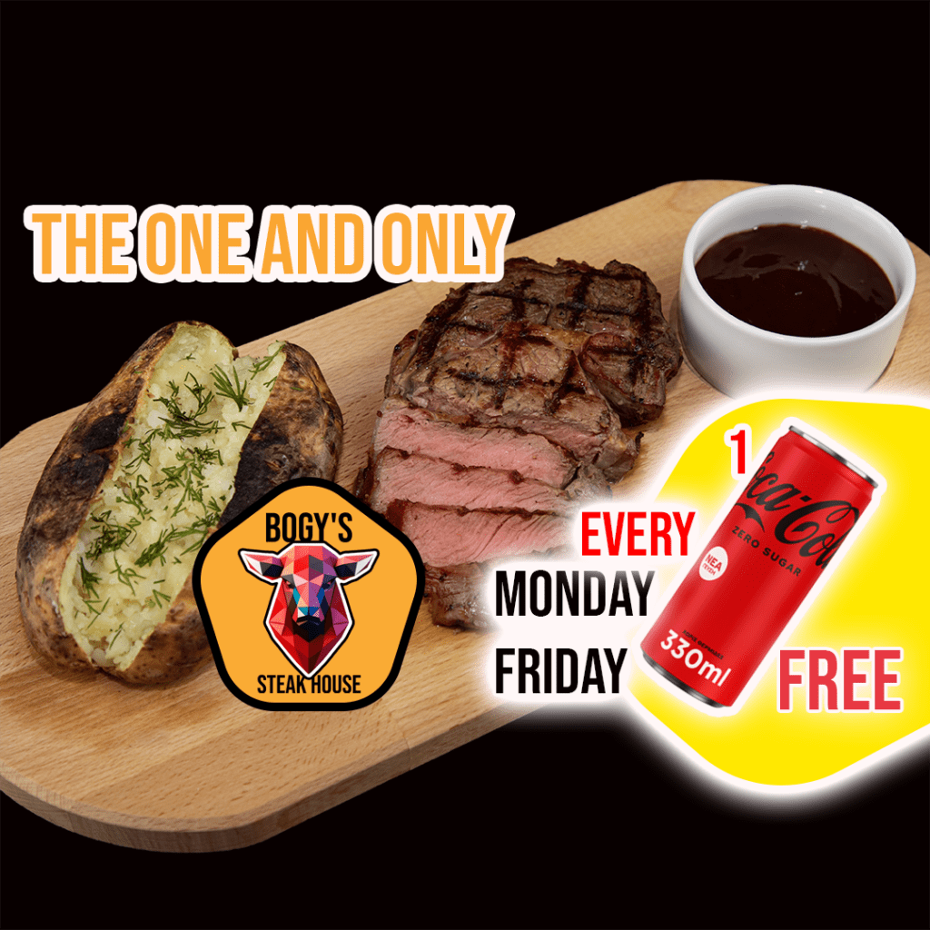 X1 Bogy's Rib Eye Steak + Jacket Potato + Sauce & Free Coca-Cola Zero κάθε Δευτέρα και Παρασκευή