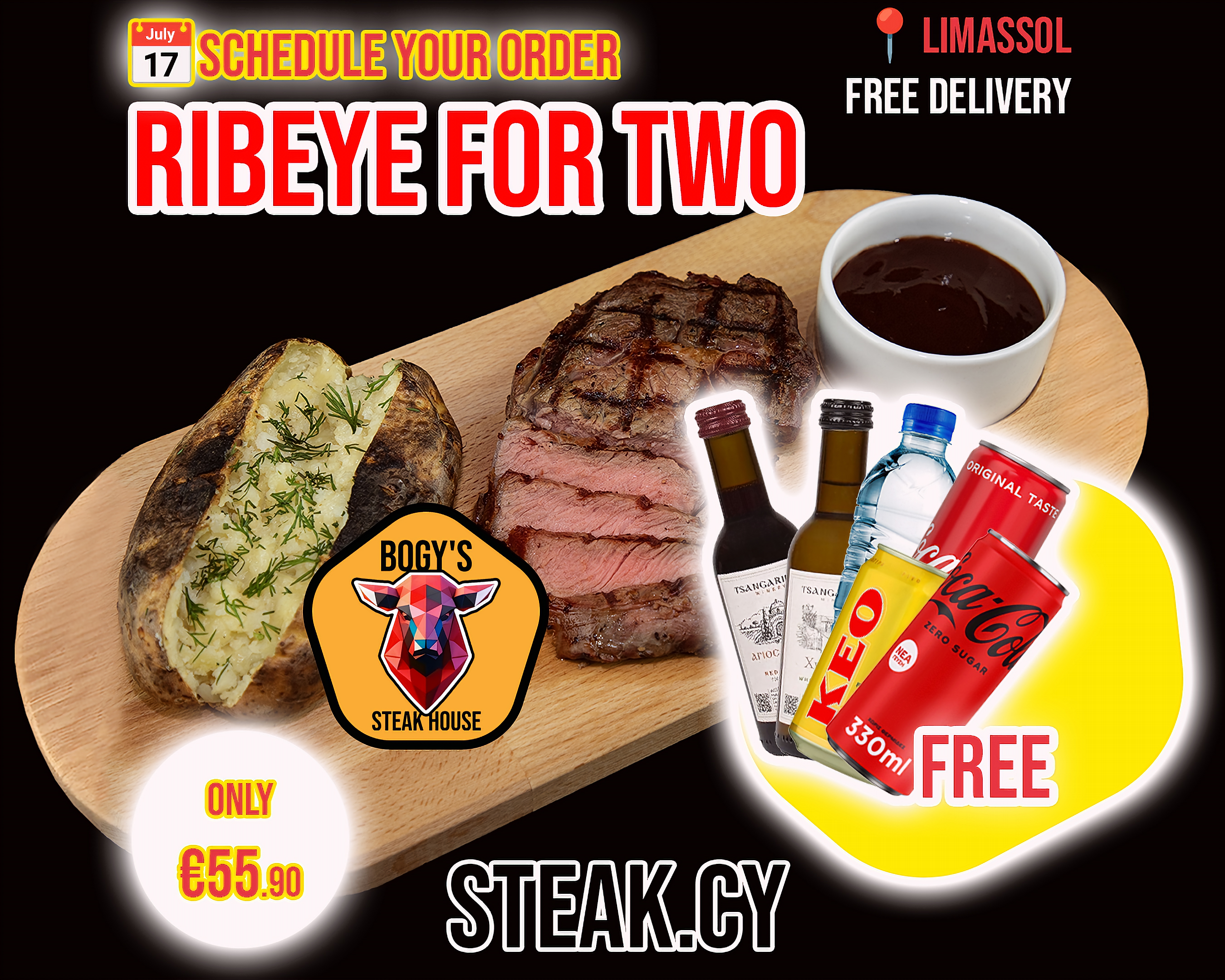 Bogy's Steak House Limassol Steak Ribeye for Two, Jacket Potato, Sauce  Special Offer Free Drink & Delivery